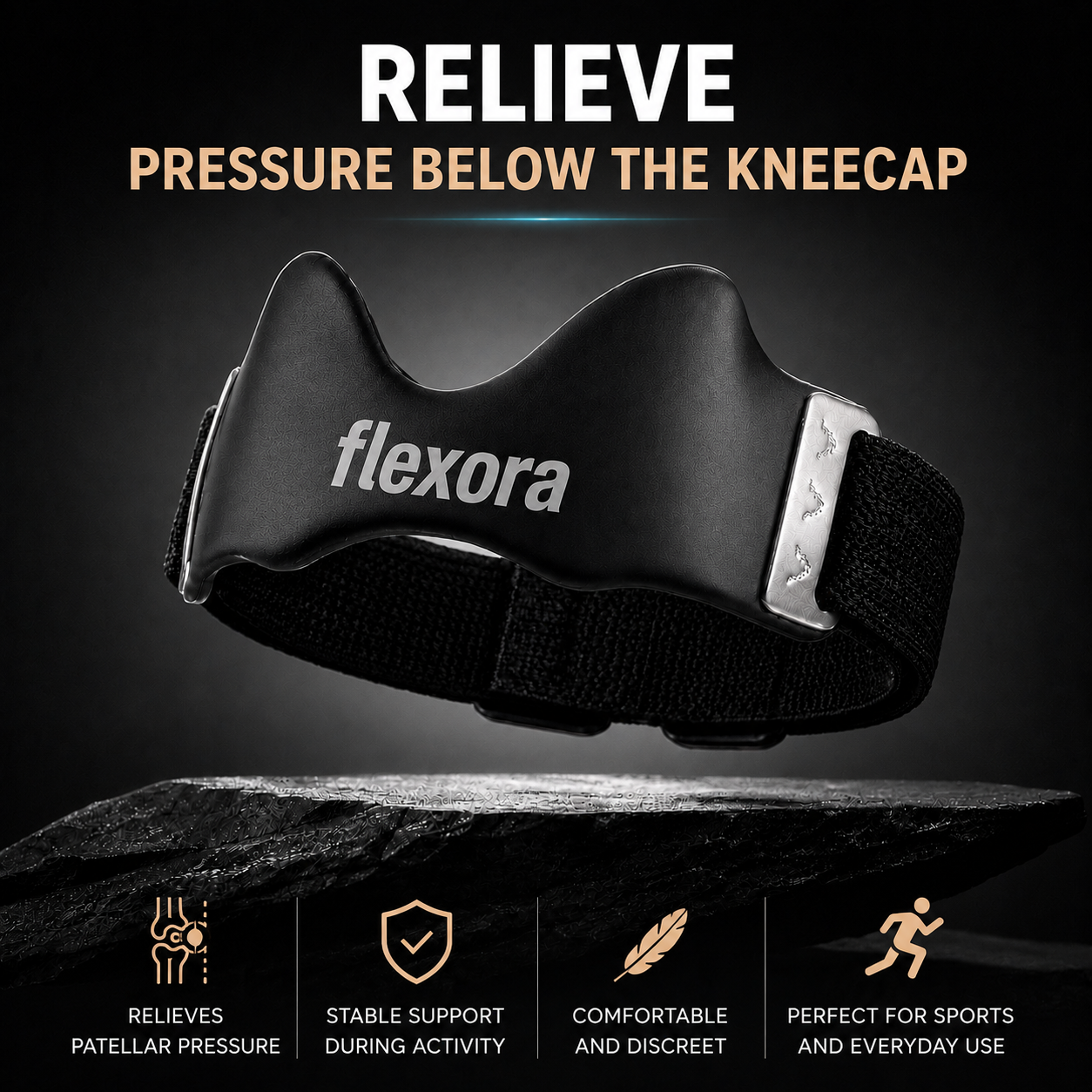 Flexora™ – Relieves pressure under the kneecap for immediate comfort.