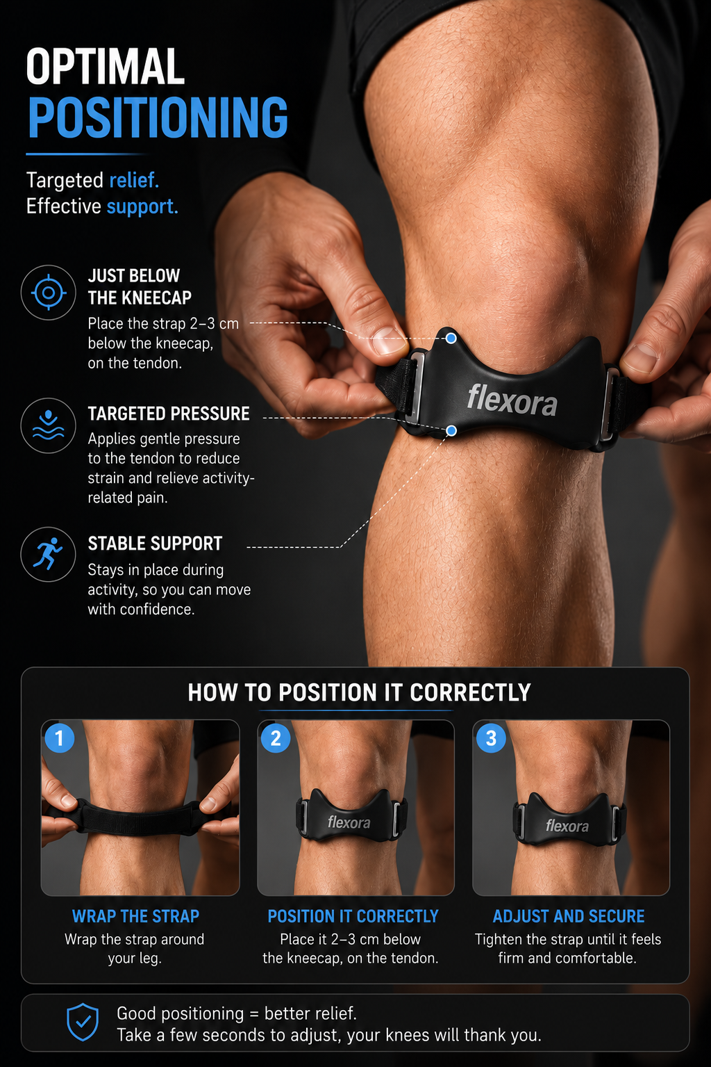 Flexora™ – Relieves pressure under the kneecap for immediate comfort.