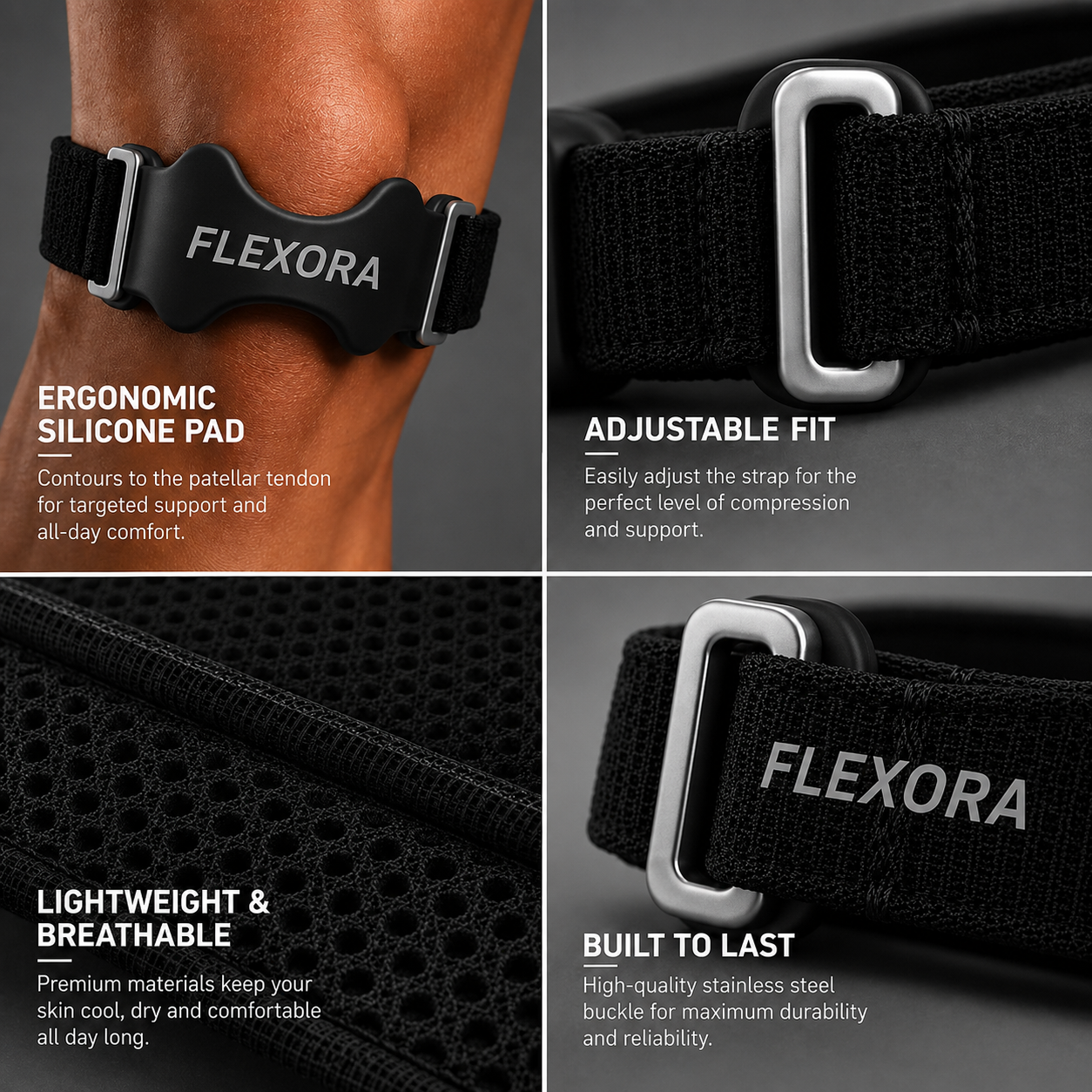Flexora™ – Relieves pressure under the kneecap for immediate comfort.
